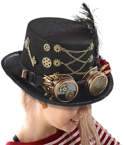 Generisch Steampunk Hut | Halloween-Zylinder mit Vintage-Brille,Filzkopfbedeckung Verstellbares Kostüm Outfit für Damen Herren Erwachsene Jugendliche