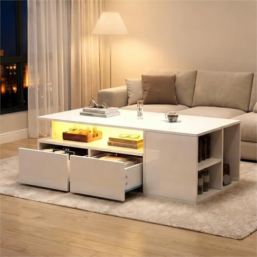 Merax High Gloss LED Coffee Table, White Centre Table 100×50×35 cm with 2 Drawers & Open Shelves, Modern Living Room Sofa Side Table