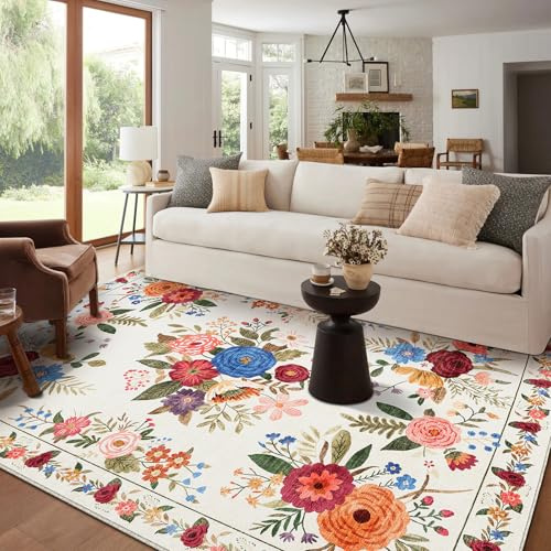 BYBSRLL Groß Teppich Wohnzimmer 160x230cm, Vintage Blumenmuster, Waschbar & Rutschfester Boho Weich Kurzflor Teppiche Gegend für Schlafzimmer, Kinderzimmer, Gastzimmer, Esszimmer, Büro, Beige