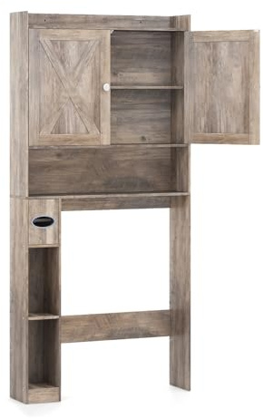 LIFEZEAL Scaffale Bagno Salvaspazio Sopra WC, Water, Toilette, Lavatrice, Mobile con Barra Regolabile per Adattabilità, Porta Carta Igienica, Ante, Ripiani, Armaidetto, Moderno, in Legno (grigio)
