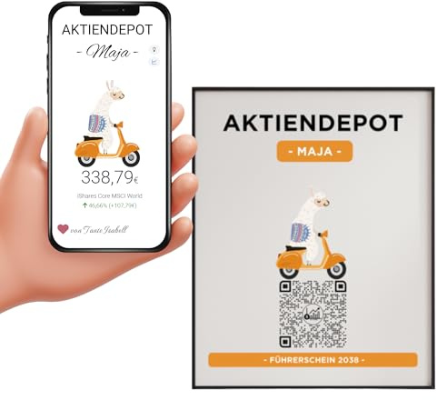 Aktiendepot | Personalisiertes Geldgeschenk | Aktie ETF Kryptowährung QrCode Bild | Motiv Roller Lama (13x18cm Fotopapier ohne Rahmen)