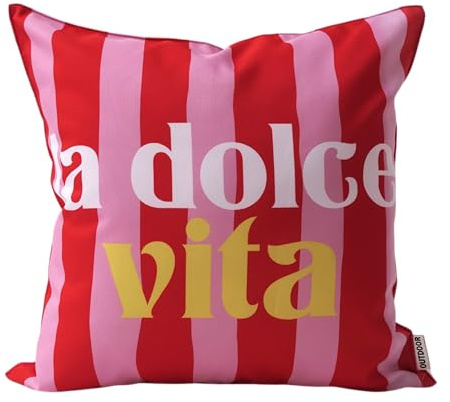 CB Home & Style Outdoorkissen Gartenkissen Wasserabweisend Wasserfest mit Streifen Hallo Sommer Bella Ciao La Dolce vita 45x45cm mit Füllung (Rot/Pink - La Dolce vita)