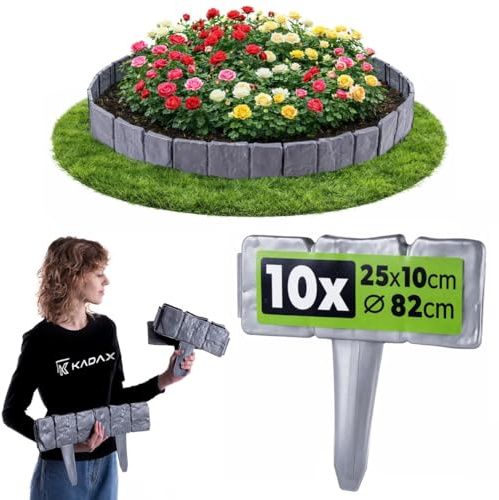 KADAX Rasenkante 250 x 10 cm, Beetabgrenzung in Steinoptik, Beetumrandung aus Kunststoff, Beeteinfassung für Garten, Rasenkantensteine (Grau)