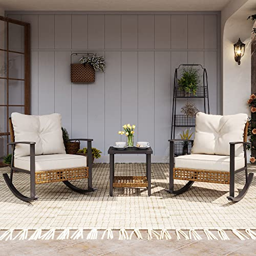 LAUSAINT HOME 3-teiliges Schaukel-Bistro-Set, Gartenmöbel aus Rattan mit dicken Polstern, Outdoor Sitzgruppe mit 2 Schaukelstühlen & 2-stufigem Couchtisch, für Balkon, Terrasse & Garten, Beige