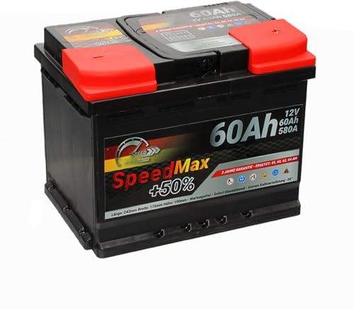 SpeedMax Batterie pour voiture, L2 60 Ah, 580 A, Puissance Maximale | Longue Durée, de tailles allant de L0 à L6 et également pour véhicules utilitaires et camions