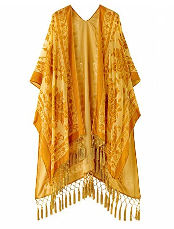 MJ SERECA Women's Burnout Velvet Kimono Long Cardigan Cover Up with Tassel Gold