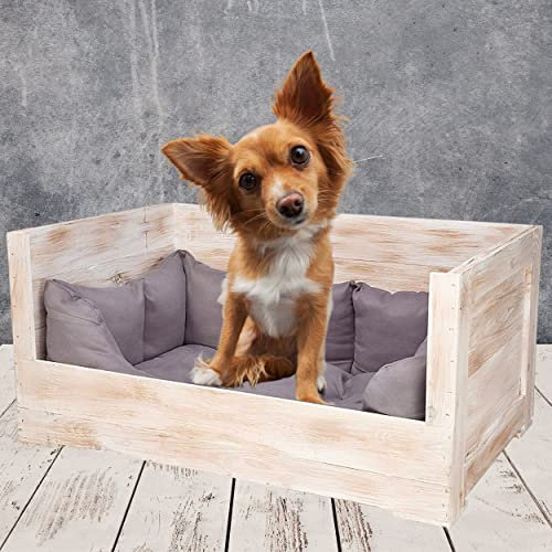 Weiße Holzkiste Vintage Design inklusive Stoffbett - NEU - 90x60x45cm - Hundesofa mit Tafelfarbe lackiert zum Personalisieren mit Kreide