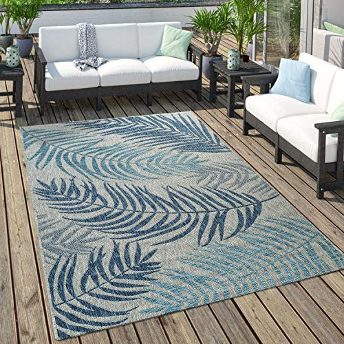 Paco Home Outdoor Teppich Für Terrasse Und Balkon Pastell Palmen Design, Grösse:80x150 cm, Farbe:Blau
