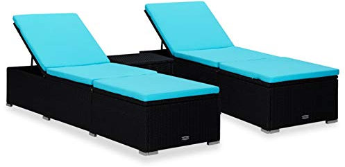 Tidyard 3-tlg. Garten Sonnenliegen mit Teetisch Gartenliege Liegestuhl Gartenmöbel Saunaliege Strandliege Rattanliege Poly Rattan Schwarz