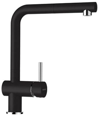 SCHOCK® Küchenarmatur Epos Nero I schwarze Hochdruck Armatur mit ausziehbarer Schlauchbrause I 360° drehbar I Spültischarmatur für Küchenspüle I Design modern I wassersparend I Einhebelmischer Messing