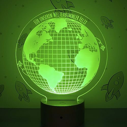 LAUBLUST 3D LED Nachtlicht Kinder - Personalisiert, Farbwechselnd, Holz Sockel - Geschenk für Kinder | Weltkugel Motiv