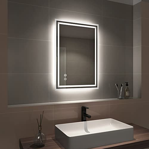 EMKE Shaver Bathroom Mirror with Bluetooth Speaker - 500x700mm Backlit LED Illuminated Bathroom Mirror with Demister Pad, Makeup Vanity Touch Mirror with LED Lights