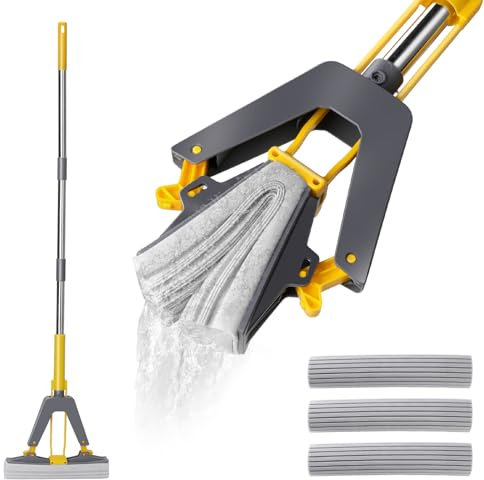 Masthome Fregona de Esponja Absorbente, Fregona Mopa con Mango Largo de 130 cm, 3 Reutilizables PVA Esponja Head, para Suelos de Madera, Estratificados, Azulejos y Mármol, Amarillo + Gris