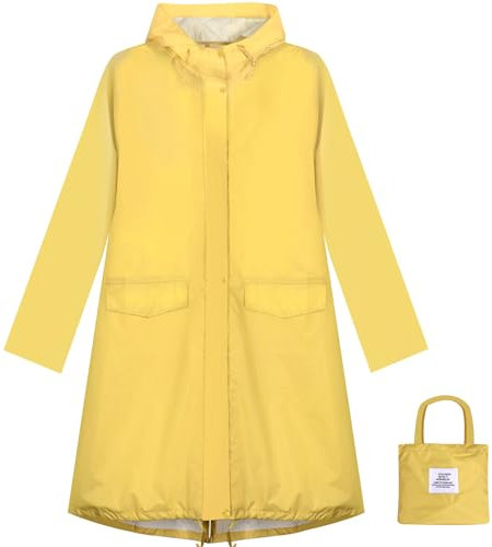 ANYOO Giacca da Pioggia Impermeabile da Donna con Cappuccio, Trench Leggero con Giacca a Vento Lunga, Giallo, Taglia unica