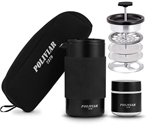 POLIVIAR French Press Kaffeemaschine, 350ML Portable Französische Presse mit Mini Kanister und Sammeltasche, Doppelwand Isolierung Dual-Filter Bildschirm(JX2022-PFB-DE)