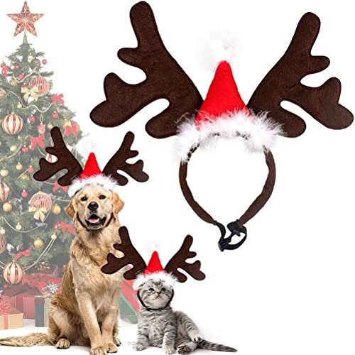 QUOHE Weihnachtliches Haustier-Kopfband, Rentier-Geweih-Kostüm, Elch-Kopfbedeckung, Verstellbarer Haarreif mit Weihnachtsmütze, Geschenk für Hunde, Braun, Baumwolle und Plüsch, 26cm x 32cm