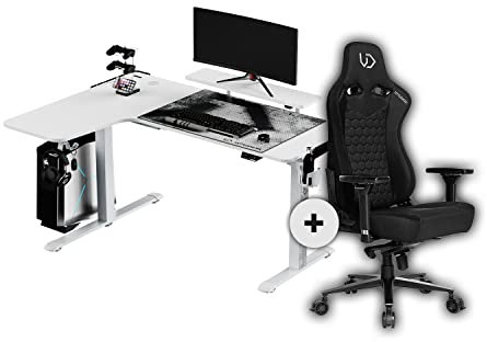 ULTRADESK Winger Gaming Schreibtisch Gaming Tisch L Form RGB LED 155x111x60 cm Links + Throne Gaming Stuhl, L-förmiger Ecktisch Eckschreibtisch, Höhenverstellbarer Computertisch elektrisch |Weiß