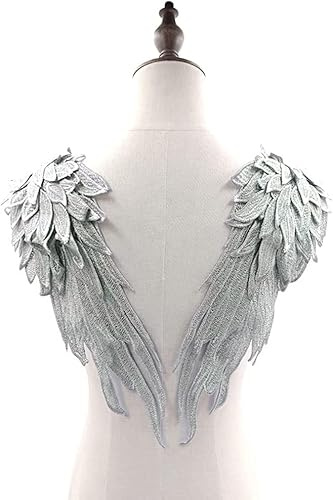 1 Paar 3D Stickerei Spitze Bestickte Flügel Applikation DIY Kleidung Zubehör Mehrfarbig Spitzenmotive Patches Polyester Nähen Handwerk Zubehör,Ideal für Hochzeit Braut Ballkleid,39x15cm,Silbergrau