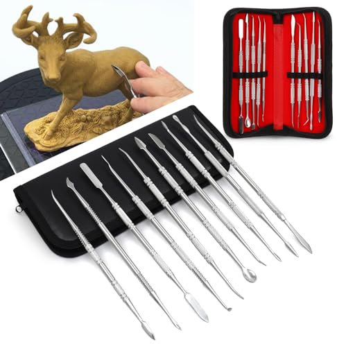10 Stück Doppelendiges Wachs Ton Skulptur Schnitz,Edelstahl Ton Wachs Schnitzwerkzeug,Wachsschnitzer Werkzeuge,Pottery Tools für Sculpting, Keramik Schnitzen mit Aufbewahrungstasche