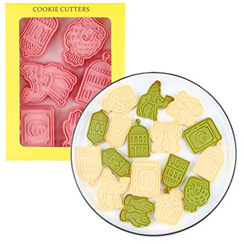 6 Pieces Cute Eid Mubarak Cookie Cutters Plastic Eid Mubarak Cookie Stamp Cookie Mould Press Lesser Bairam Cookie Mould Set Baking Kitchen Tools (Camel B)