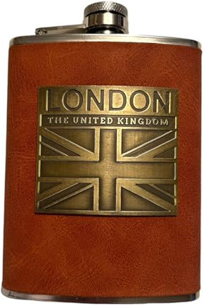 British Souvenir Stainless Steel Hip Flask with London Union Jack Emblem and Brown Leather Cover, 8 OZ England Collectable Gift