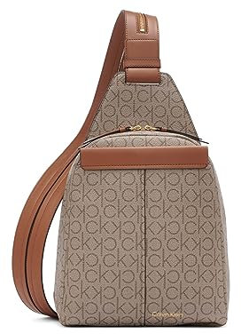 Calvin Klein Damen Millie for Women – Vegan Leather Monogram Backpack, 2 Pockets Myra Convertible Sling Rucksack, Mandel/Taupe/Karamell, Einheitsgröße