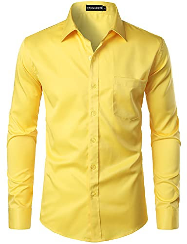PARKLEES Chemise boutonnée élégante à coupe ajustée, manches longues et poche, style urbain, décontracté ou affaires, pour hommes, jaune vif, 3XL