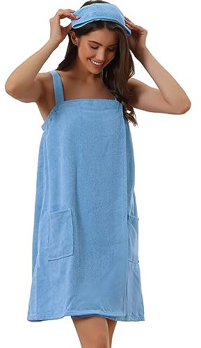 cheibear Damen Bademantel Kleid Frottee Saunakilt Saunatuch mit Tasche und Klettverschluss Spa Dusche Handtuch Bademantel Blau S