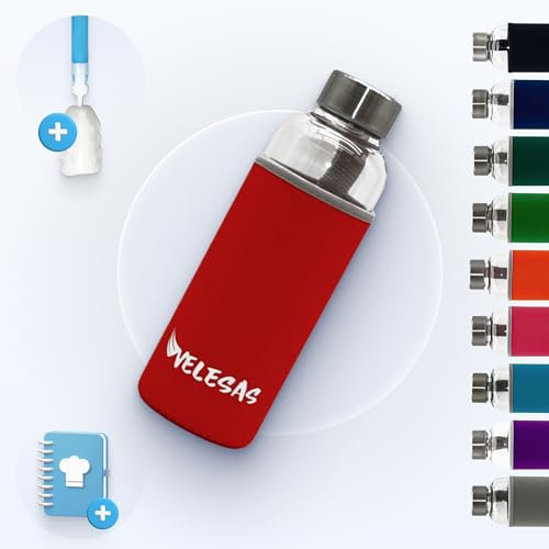 Velesas Botella 1l | 500ml con funda protectora | Botella de cristal de 500ml de neopreno y tapa de acero inoxidable | Botella de agua para la escuela, las actividades deportivas, sin BPA | Rojo