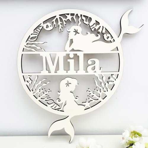 NoriKids Türschild aus Holz & individuellem Namen | Namensschilder für die Tür | Schild für Kinderzimmer & Zimmertür | Motiv Meerjungfrauen | personalisierte Geschenke