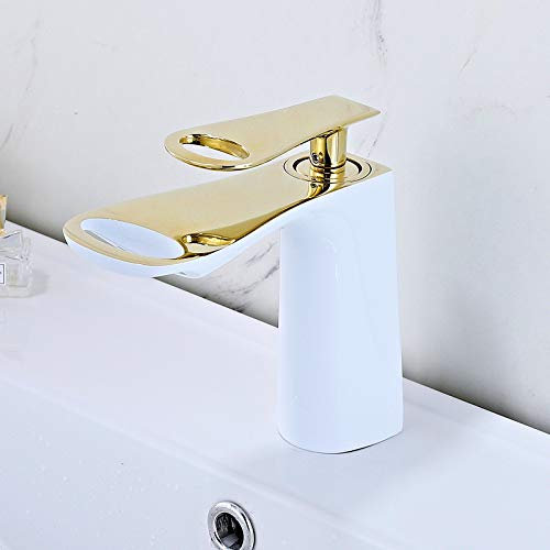 ZYCDP Robinet Salle Bain Cascade Mitigeur Monocommande Lavabo Chaude et Froide RéGlable de Mitigeur Lavabo, Blanc + Or B