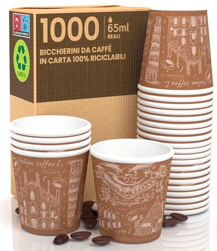 1000 Kaffeebecher aus Papier, 65 ml, Italy, Braun, umweltfreundlich, biologisch abbaubar, Einwegbecher, klein, zum Mitnehmen, heiße Getränke