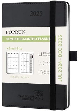 POPRUN Kalender 2025 Monatsplaner A6 (Jul.2024 - Dez.2025) - 18 Monate Monatskalender Softcover 16 x 10,5 cm - 1 Monat 4 Seiten, mit PU-Leder, 100 GSM Papier - Schwarz
