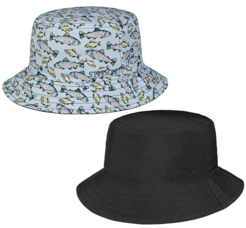 Stetson Allover Fish Bucket Wendehut - Wendbarer Hut - Flexibel & stylisch - UV-Schutz 40 - Sommerhut - Frühjahr/Sommer - Damen und Herren blau S (54-55 cm)