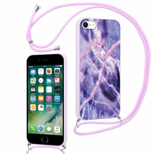 ZhuoFan Handykette für iPhone 8/7/iPhone SE 2022/2020 Hülle mit Band, Aesthetic Lila Marmor Muster Verstellbarer Halskette Handyhülle mit Kordel umhängen Silikon Stoßfest Schutzhülle mit Kette,16