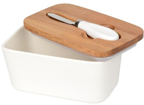 GMYIAK Beurrier avec couvercle en bois, bol à beurre multifonction, récipient à beurre en porcelaine avec couvercle hermétique et couteau à beurre en acier inoxydable, décoration et accessoires de