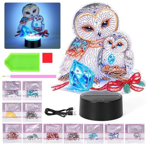 Starnearby DIY Diamond Painting Eule Deko, 5D Diamant Painting Kreative Nachtlicht Bastelset Diamantmalerei Kunst Set, Ornamente Geschenke für Anfänger Hausgeschenk Deko für Mädchen (Eule A)