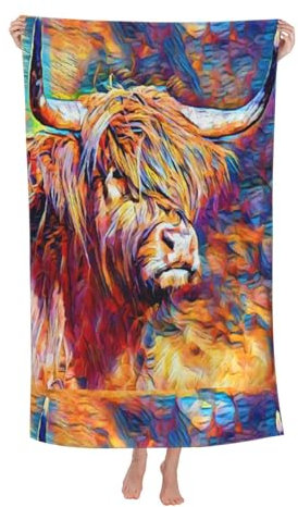 KemEng Highland Kuh gedruckt, Badetuch, sehr saugfähige Mikrofaser-Stranddecke, weiches Strandtuch, 80 x 130 cm