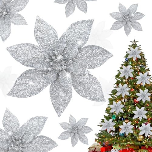 Shining She 10pcs Christmas Glitter Artificial Poinsettia Flowers, 5.9inch Artificial Christmas Flowers for Xmas Party Decoration, Xmas Tree Ornaments Decor, Silver