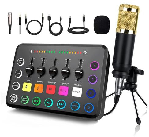 NEWFUN Mezclador de Audio,Mixer audio, Mesa de sonido, Incluye mezclador de audio y Micrófono BM800, Mezclador RGB para PC para Streaming, Control de Volumen para Podcasting, Grabación y voz
