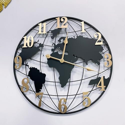 NNYCC Moderne Weltkarte Wanduhr, Große Metall-runde Zifferblatt-Anzeige Goldene Numeral Stille Uhr für Wohnzimmer Küche Schlafzimmer Heimbüro Deko,Schwarz