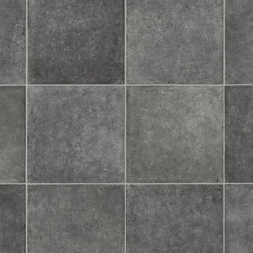 VINYL FLOORING UK Black Tile Effect Non Slip Vinyl Flooring For Kitchen, Bathroom, & Living Room, 2.8mm Thick Cushion Backed Vinyl Sheet, 5 Years Warranty-3 X 3 mt