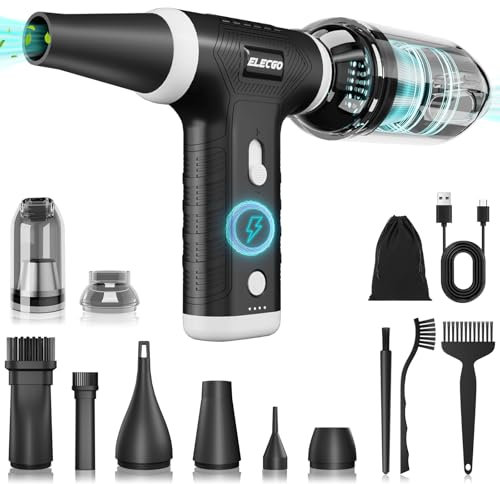 ELECGO Compressed air Duster, 2 in 1 150000RPM Cordless Air Duster with Mini Car Vacuum, 4000mAh Battery Dust Blower for Keyboard Cleaner,Rechargeable Air Blower AIC Can for Office Computers