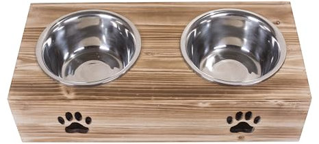 green leaves Dog Food Feeding Stand Station Stainless Double Raised Bowls Wooden Crate