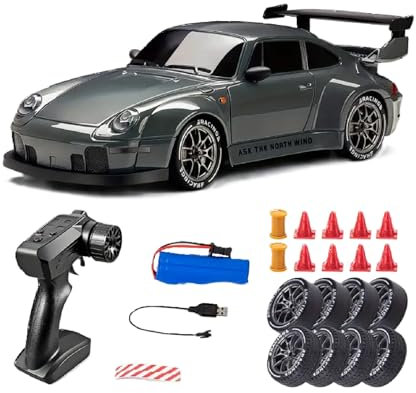 Waka Tienda Coche RC Drift 4WD de Alta Velocidad. Coche teledirigido para Adultos con Control Remoto inalámbrico 2.4GHz, Luces LED, neumáticos de Alto Agarre y Batería Recargable 500mAh. Color Gris