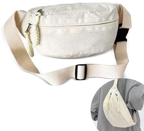 dogmoon Umhängetasche Damen, Damen Bauchtasche aus Cord, Cord Bauchtasche, Modische Umhängetasche Crossbody Bag, für Outdoor Sport Reise Laufen Schule(Weiß)