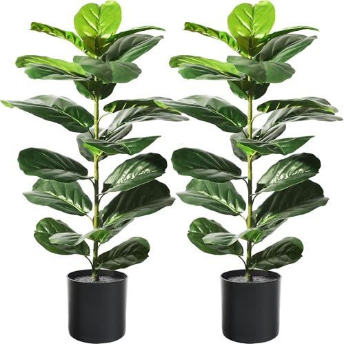 Suntee 2 Pack Artificial Fiddle Leaf Fig Tree, 30 Ficus Lyrata Fake Plants with Pots, Floor Plant Outdoor Faux Plants for Living Room, Corner, Office, Patio, Windowsill Decor