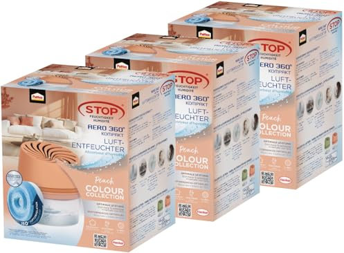 Pattex AERO 360° Kompakt Luftentfeuchter Peach Colour Collection, 3x 1 Gerät inkl. 1 Nachfülltab, Raumentfeuchter für effektive Luftzirkulation, Raumluftentfeuchter reduziert Luftfeuchtigkeit
