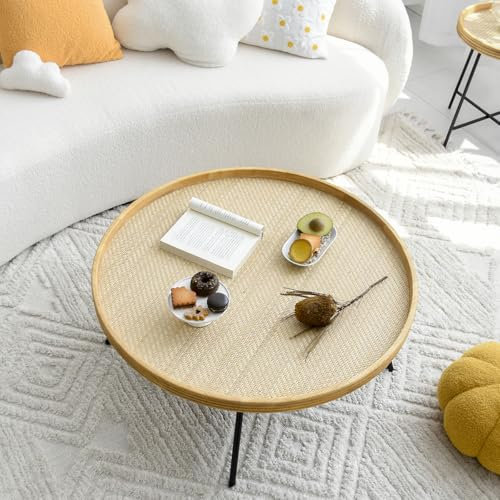 Cagnolier Runder Couchtisch 80cm Durchmesser mit 4cm Erhöhtem Massivholzrand & Stabilen Metallbeinen, Moderner Rattan-Tisch für Wohnzimmer, Schlafzimmer, Balkon (L: Ø80*37cm)