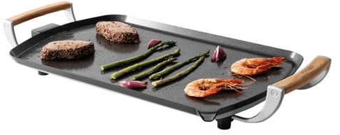 Boska Elektrische Grillplatte Pro – Tischgrills - Teppanyaki-Platte 35x56 cm – PFAS-freie Keramikbeschichtung – Temperaturregelung – Fettablauf – Griffe aus Eichenholz – Schwarz